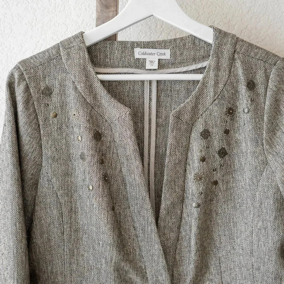 COLDWATER CREEK CROPPED BLAZER SZ 12 METALLIC THREAD GOLD HARDWARE 3/4 SLEEVES - Picture 5 of 11